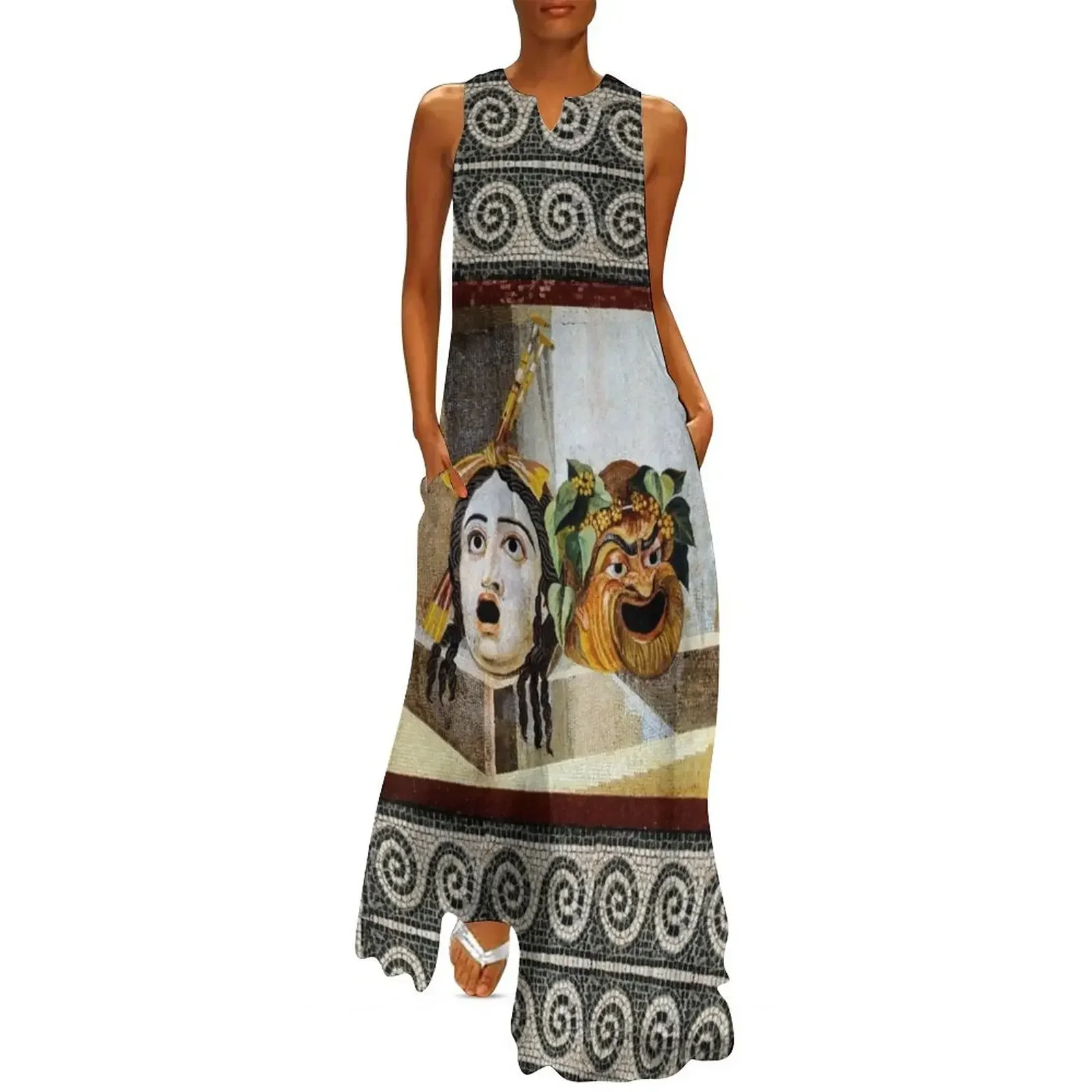 

ANTIQUE ROMAN MOSAICS ,GREEK COMEDY THEATER MASKS Long Dress party dress women elegant luxury Dress