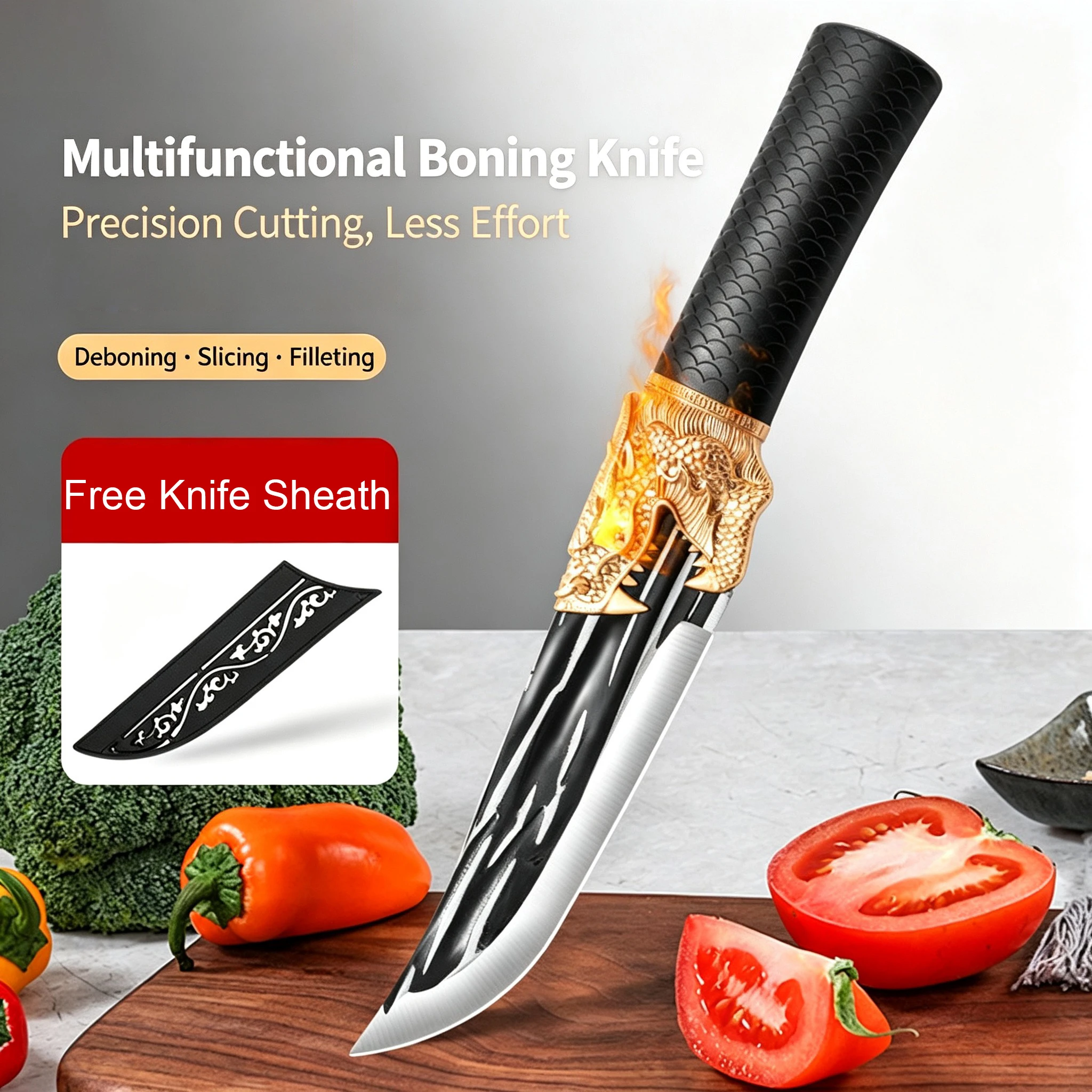 Multifunctional kitchen knife suitable for meat cooking fishing deboning stainless steel chopping board knife with knife sheath