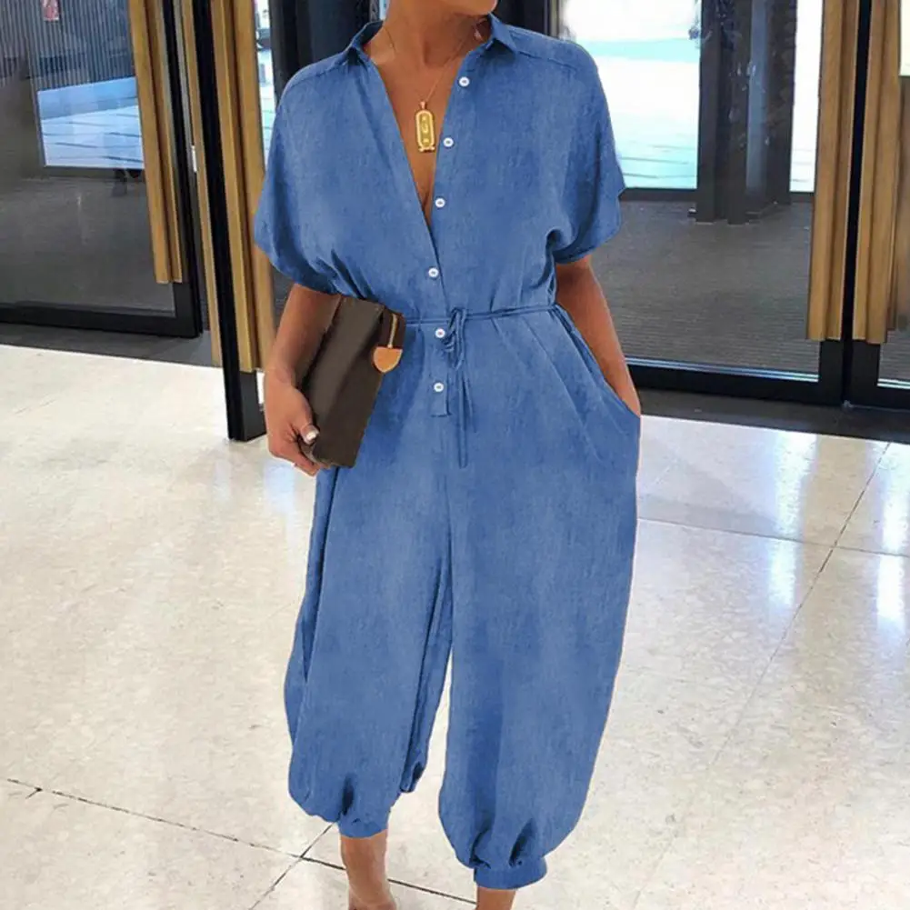 

Women Romper Denim Denim Jumpsuit Women Comfy Fashion Short Sleeve Single-breasted Baggy Denim Jumpsuit