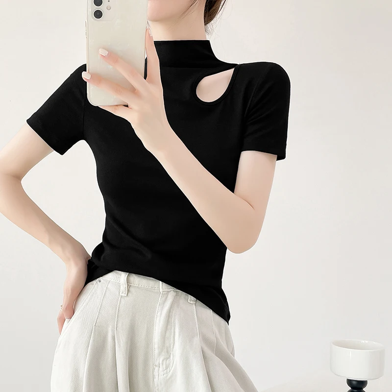 Stretch Knitted Threaded Skeleton Half High Neck Bottom Shirt Women's Inside Long Sleeve T-shirt Tight Tops Bottoming Blouse