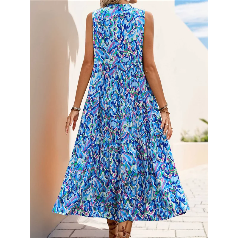 ABDJ-robe Maxi d'été sans manches pour femmes, style bohème, motif Floral, col en V, cravate sur le devant, frange fluide, longue robe de vacances, de plage