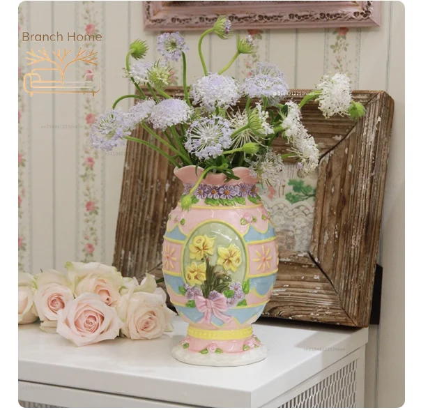 Retro Cute Macaron Flower Relief Orchid Rose Ceramic Vase Flower Container Gift