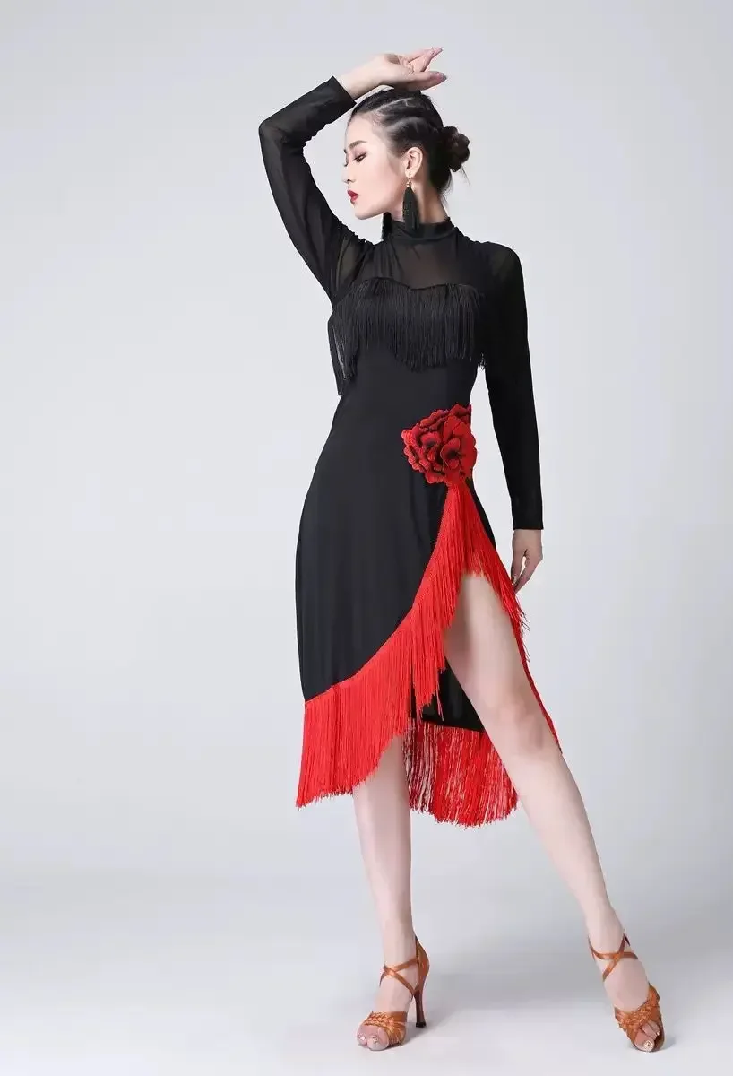 New Women Dresses Big Red Flower Tassel Dance Skirt Latin Dancing Long Sleeve Dress Latina Black Sexy Girls Adult Costume Rumba