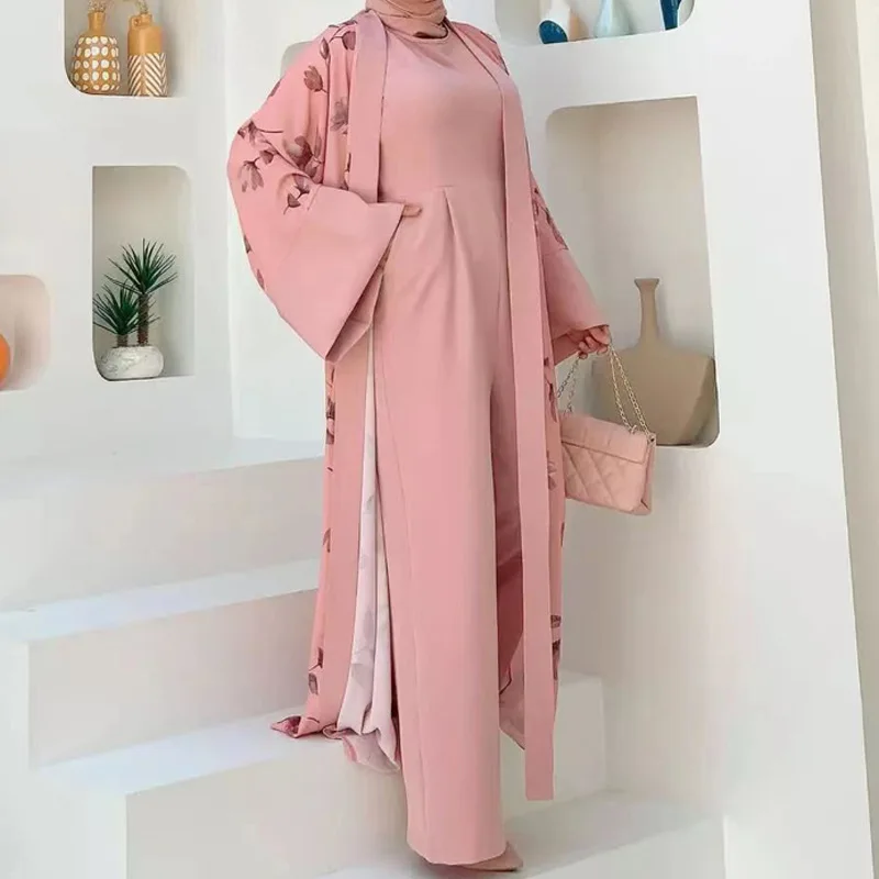 2024 New Flower Long Open Abayas Elegant 2 Piece Suit Muslim Fashion Modest Clothing Pantalons Niqab Muslim Sets Prayer Dress