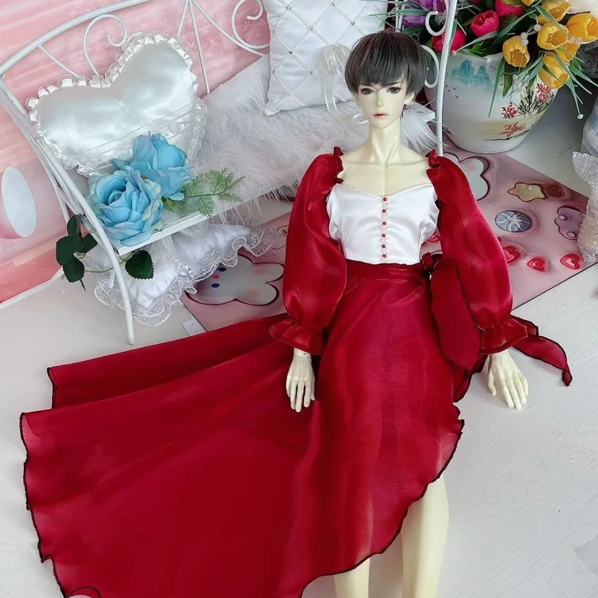 73cm uncle doll clothes red dress, male doll bow belt accessories free shipping