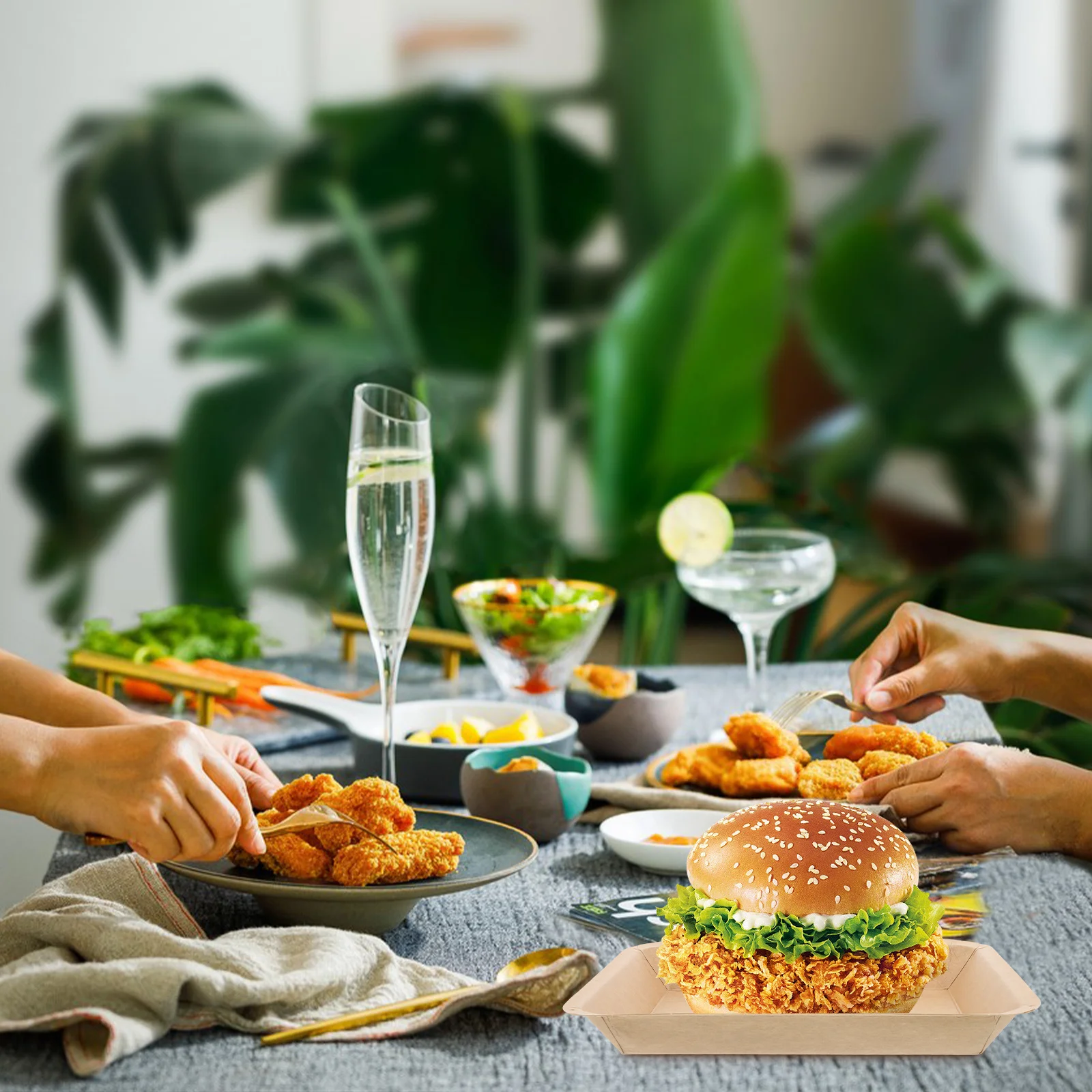 Bandeja de papel para servir hamburguesas, barcos para perros calientes, resistente a la grasa, bandeja de comida desechable para barbacoa, Picnic, aperitivos, hamburguesas, 50 Uds.