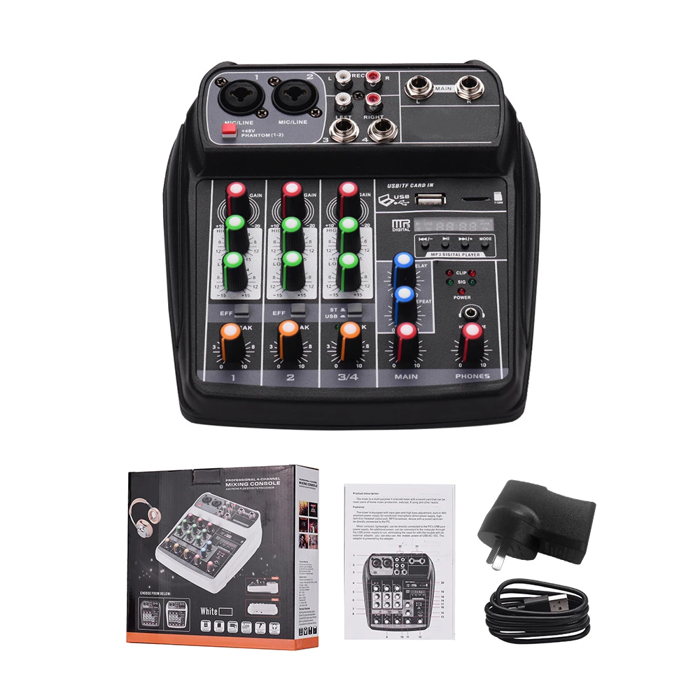 AI-4 Compact Mixing Console Digital Audio Mixer 4-Channel BT MP3 USB Input +48V Phantom Power for Music Recording DJ Network