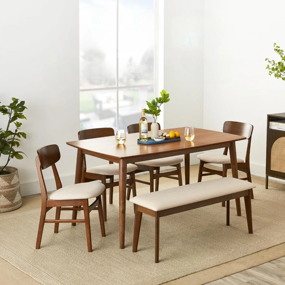 

6-Piece Wooden Dining Set, Mid-Century Modern Table & Upholstered Chair Set w/Bench Seat, Rubberwood Legs - Brown/Cream