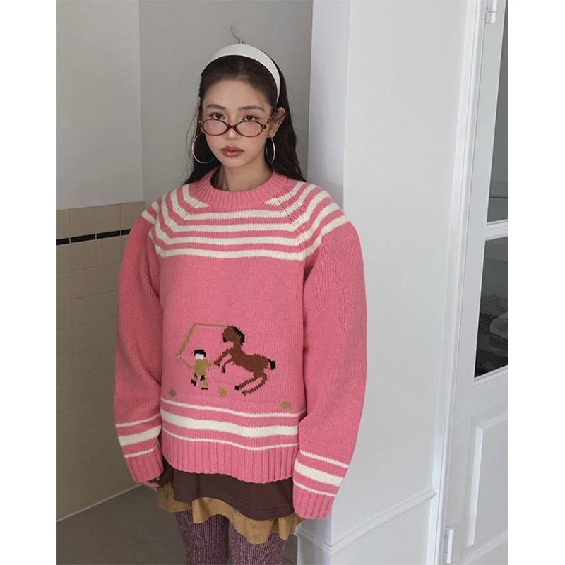 

MEXZT Y2K свитер с героями мультфильмов, женский полосатый лоскутный вязаный пуловер в стиле Харадзюку, корейские модные розовые трикотажные изделия, зимние повседневные джемперы