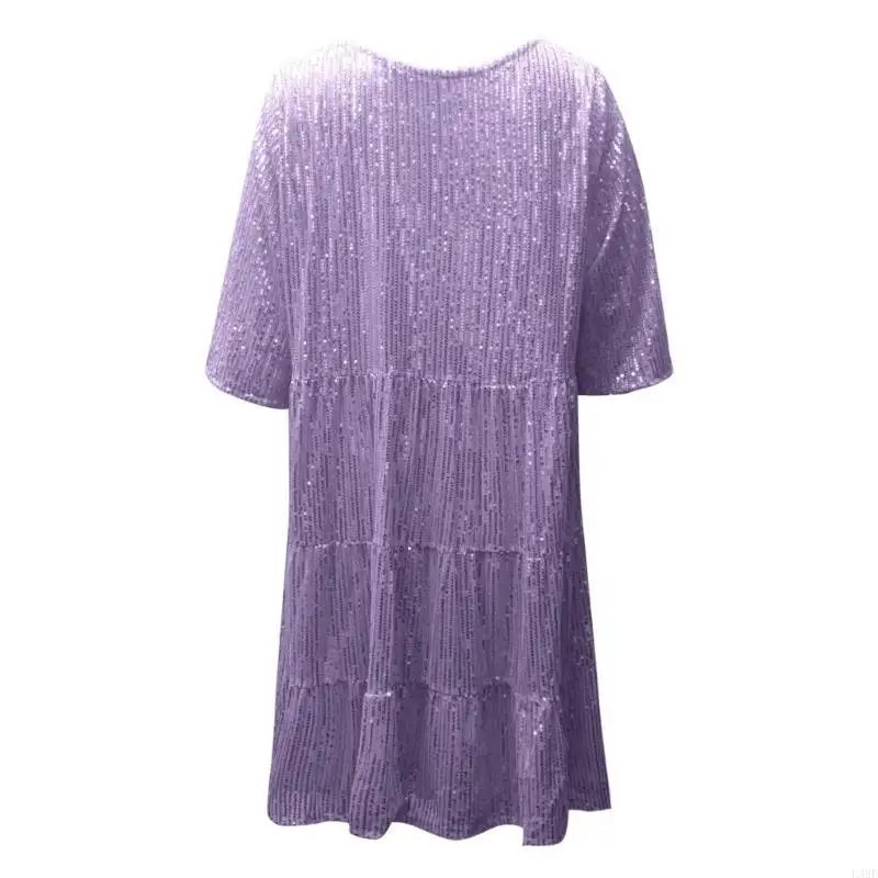 

L38E блестящее платье с блестками, летнее платье Babydoll с пайетками, короткое струящееся многоярусное платье-туника для ночи