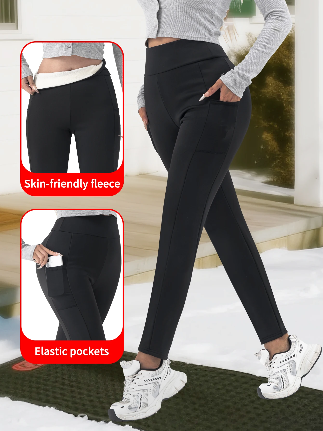 

Women's Fleece-Lined Warm Sports Pants High-Elastic Slim-Fit Yoga Running Cycling Trousers with Pockets