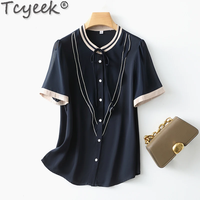 

Tcyeek 92.8% Mulberry Silk Shirt Summer Clothes Short Sleeve Womens Tops and Blouses Elegant Women's Shirts Camisa Feminina 2024