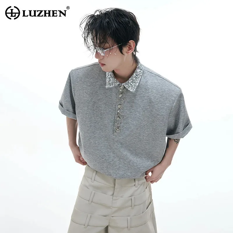 LUZHEN Original Personalized Patchwork Decorate Neck Shoulder Pad Short Sleeve Tops Men Trendy 2025 Summer Plain T-shirts JY1714