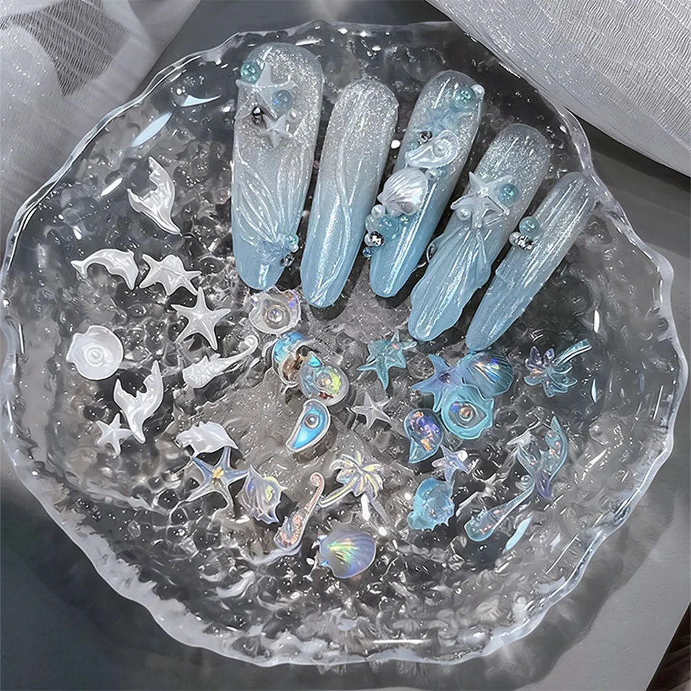 50PCS 3D Mixed Sea Series Nail Art Charms White Blue Aurora Ice-transparent Resin Seashell Starfish Nail Decoration Nail Supplie