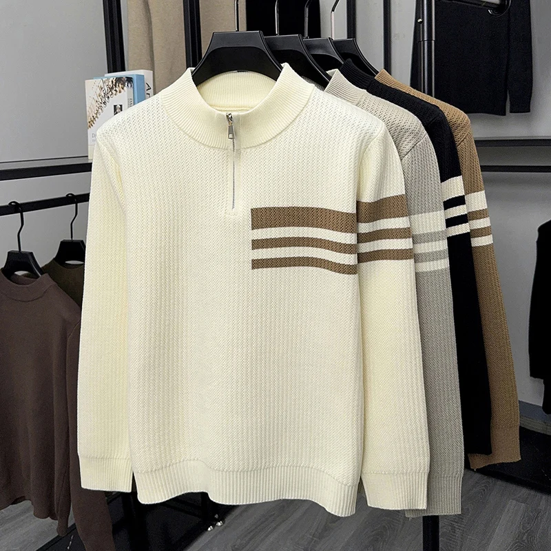 

High quality half zipper sweater men's autumn winter new trend personalized striped button design Korean casual knitted pullover