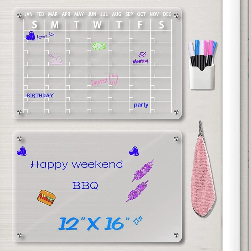 2 Stuks Acryl Magnetische Droog Wissen Board Planner Board Voor Koelkast (16inx12in)