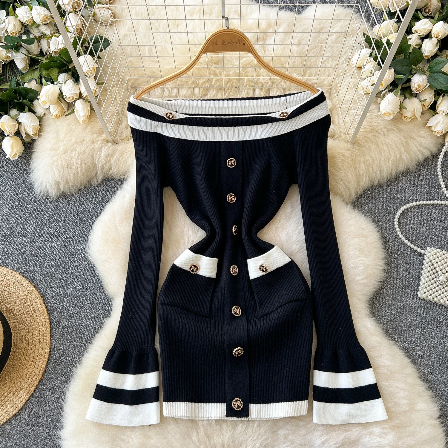 Sexy Slash Neck Elegant Striped Basics Long Sleeve Chic Button Slim Knit Dress Women Korean Fashion High Street Evening Clothing