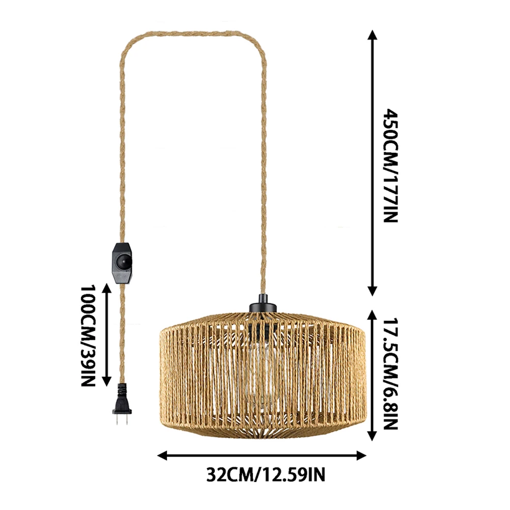 

Rattan Ch Pendant Lights Black Metal Wicker Lamp Shade Weaving Replacement Light Cover Bedside Living Retro Farmhouse Vine