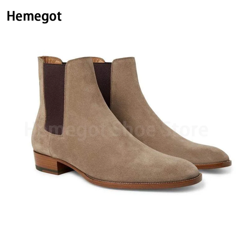 Fashion Chelsea Boots Men Genuine Leather Pointed Toe Slip On Khaki Boots Business Shoes Male Outdoor Motorcycle Ankle Boots