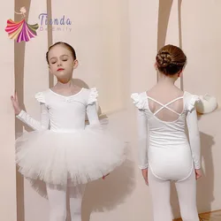 Korea Girl Ballet Leotard Ruffle Short Long Sleeve Dance Gymnastics Skate Outfit Team Basic Top Bodysuit for Toddler Kids White