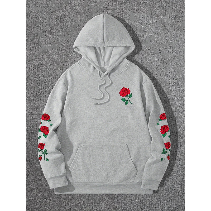 Red Rose Print Hoodie Men Woman Round Neck Long Sleeve Hoodies Hooded Sweatshirts Harajuku Pullover Tracksuit Unisex Clothing