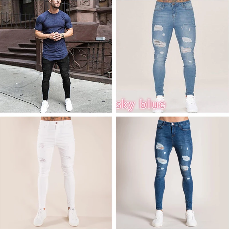 Fashion White Skinny Jeans for Men ​Stretch Slim Fit Ripped Distressed Pleated Knee Patch Denim Pants Brand Casual Trouser Male