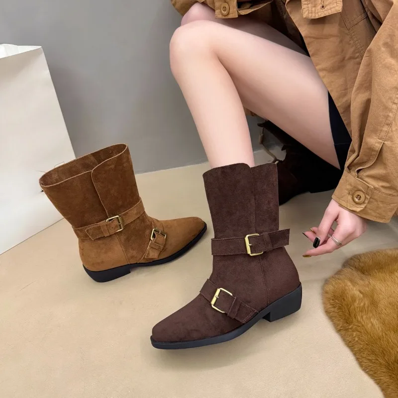 أحذية فرنسية عصرية بأكمام من جلد الغزال وإبزيم معدني ونعل ناعم ومضادة للانزلاق ومقاومة للاهتراء