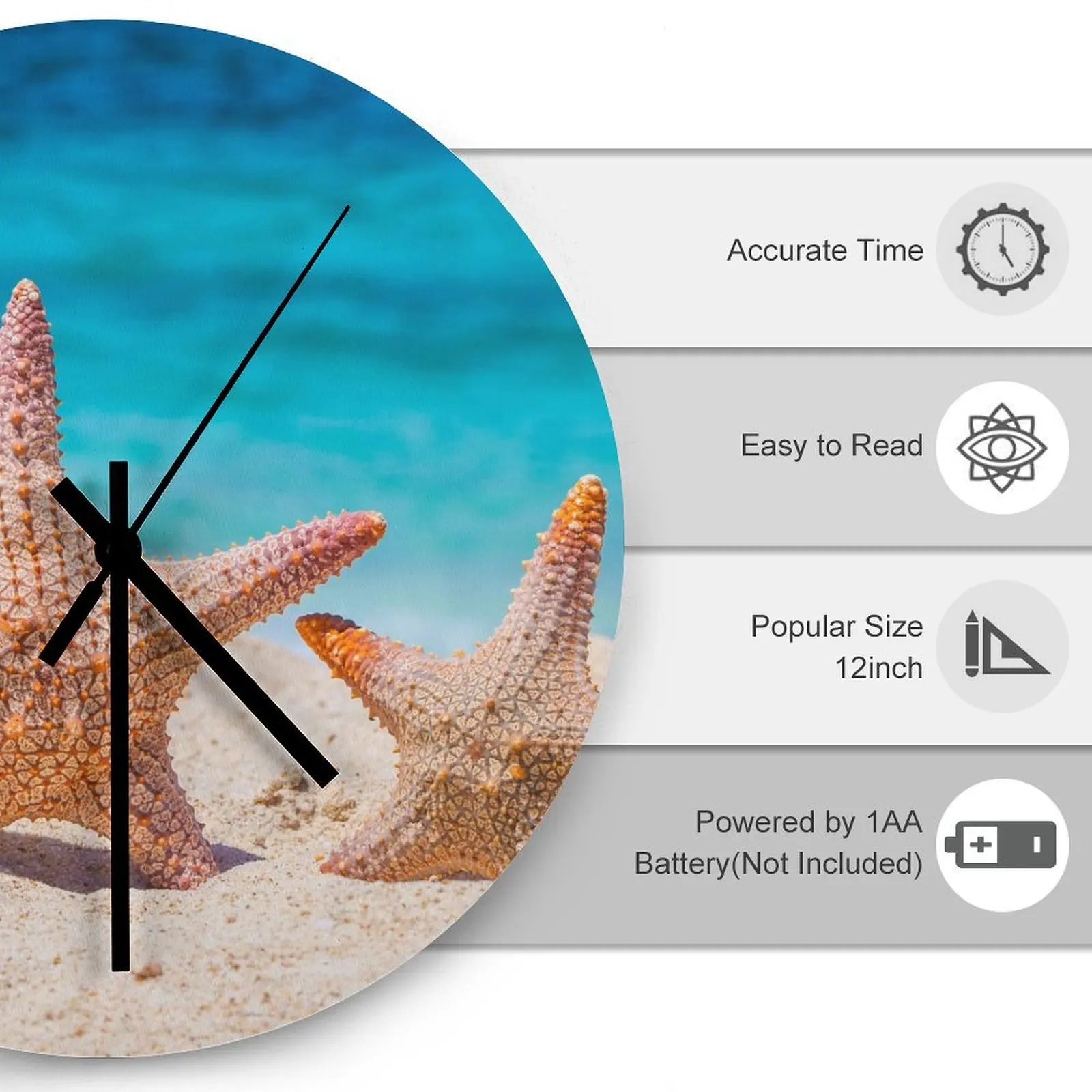 Workshop Wall Clock Beach Starfish Sea star Clocks 12 inch Mute Fashion Round Creative Patterned Abstract