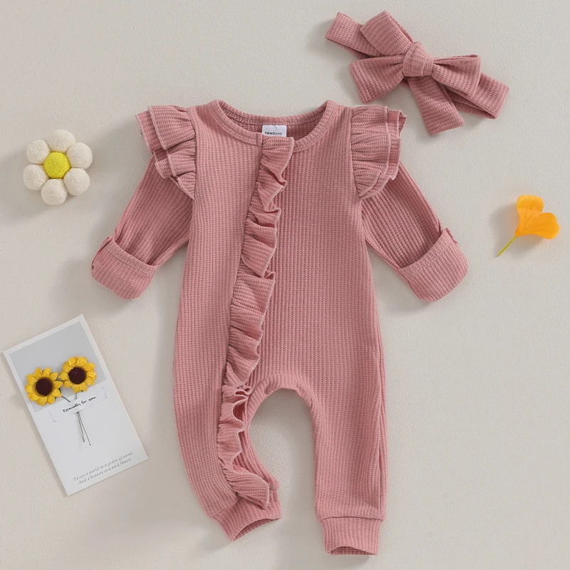 Baby Clothing Solid Romper Girls Soft O-neck Long Sleeve Ruffled Jumpsuit Headband For Newborn Clothes Costume