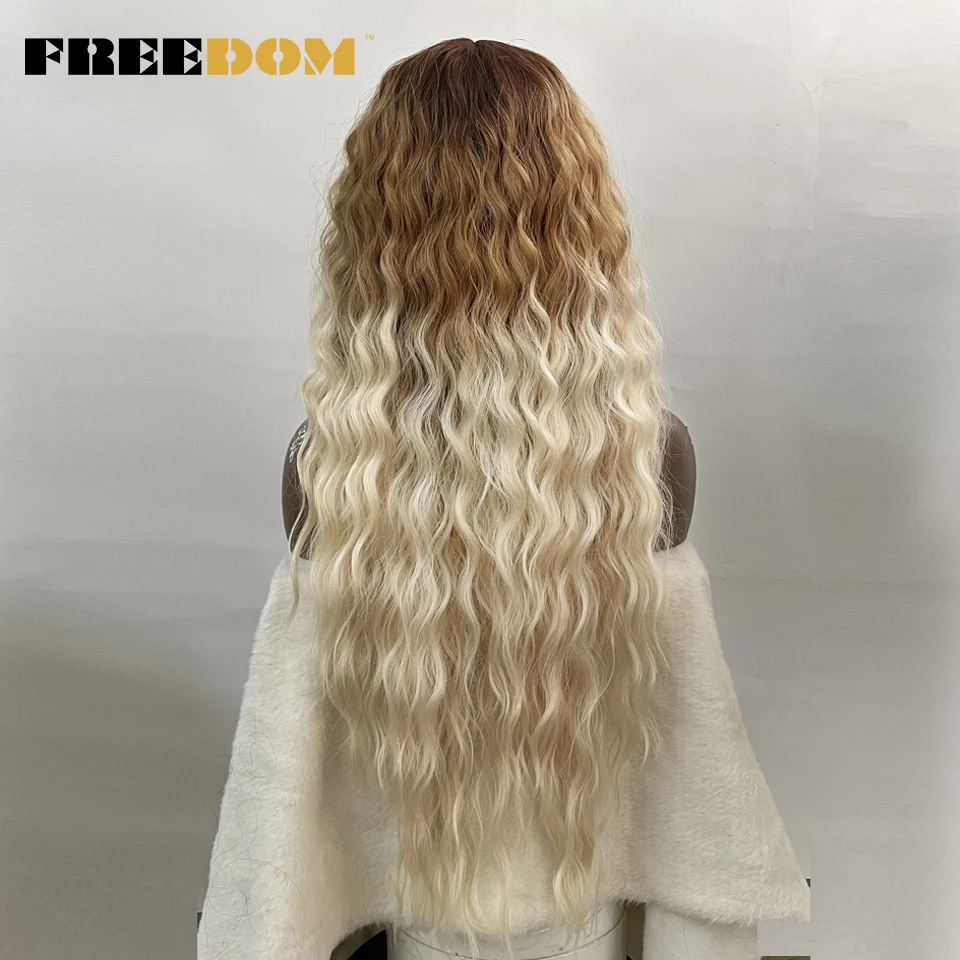 FREEDOM Synthetische Lace-Front-Perücke, lange, tief gewellte Ombre-Blond-Ingwer-Perücke mit Spitze für schwarze Frauen, hitzebeständige Cosplay-Perücke – Detail 11