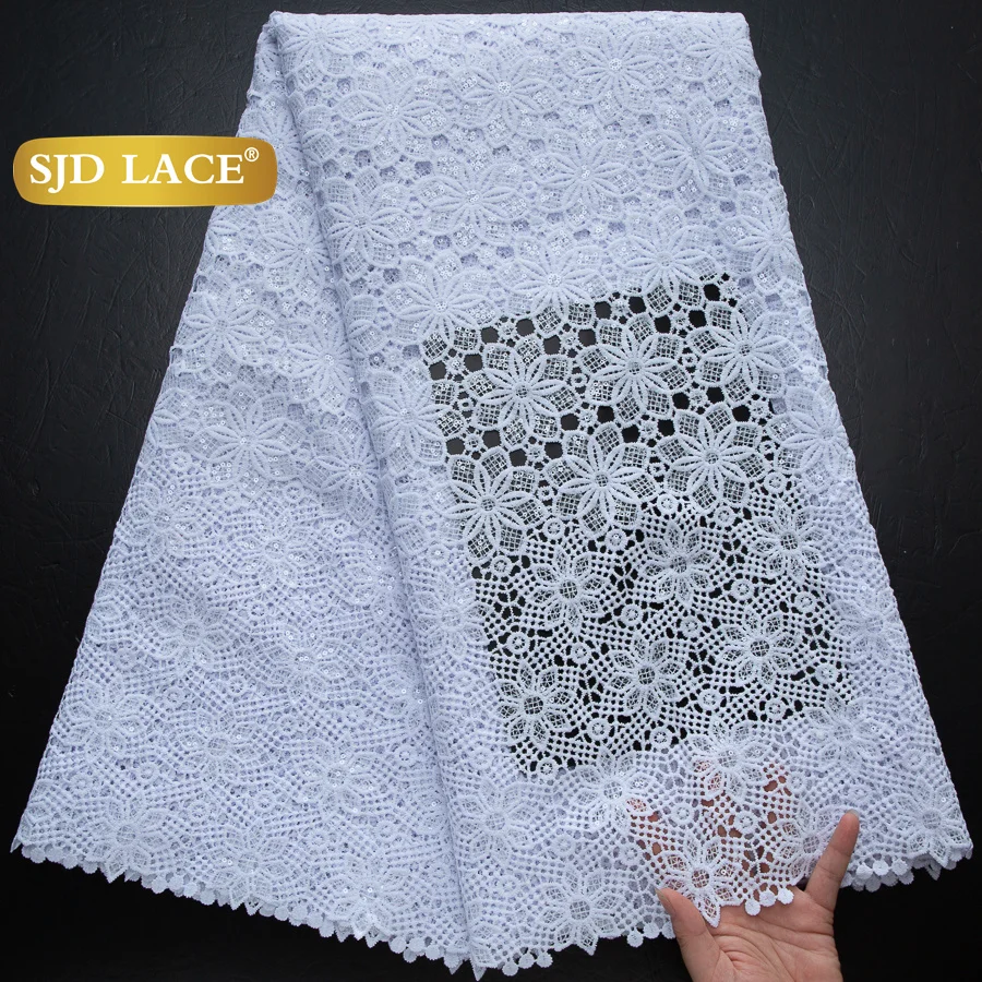 SJD LACE White African Guipure Cord Lace Fabric Embroidered Hollow Out Sequins Lace for Wedding Bridal Gown Dress Sewing Material 4503