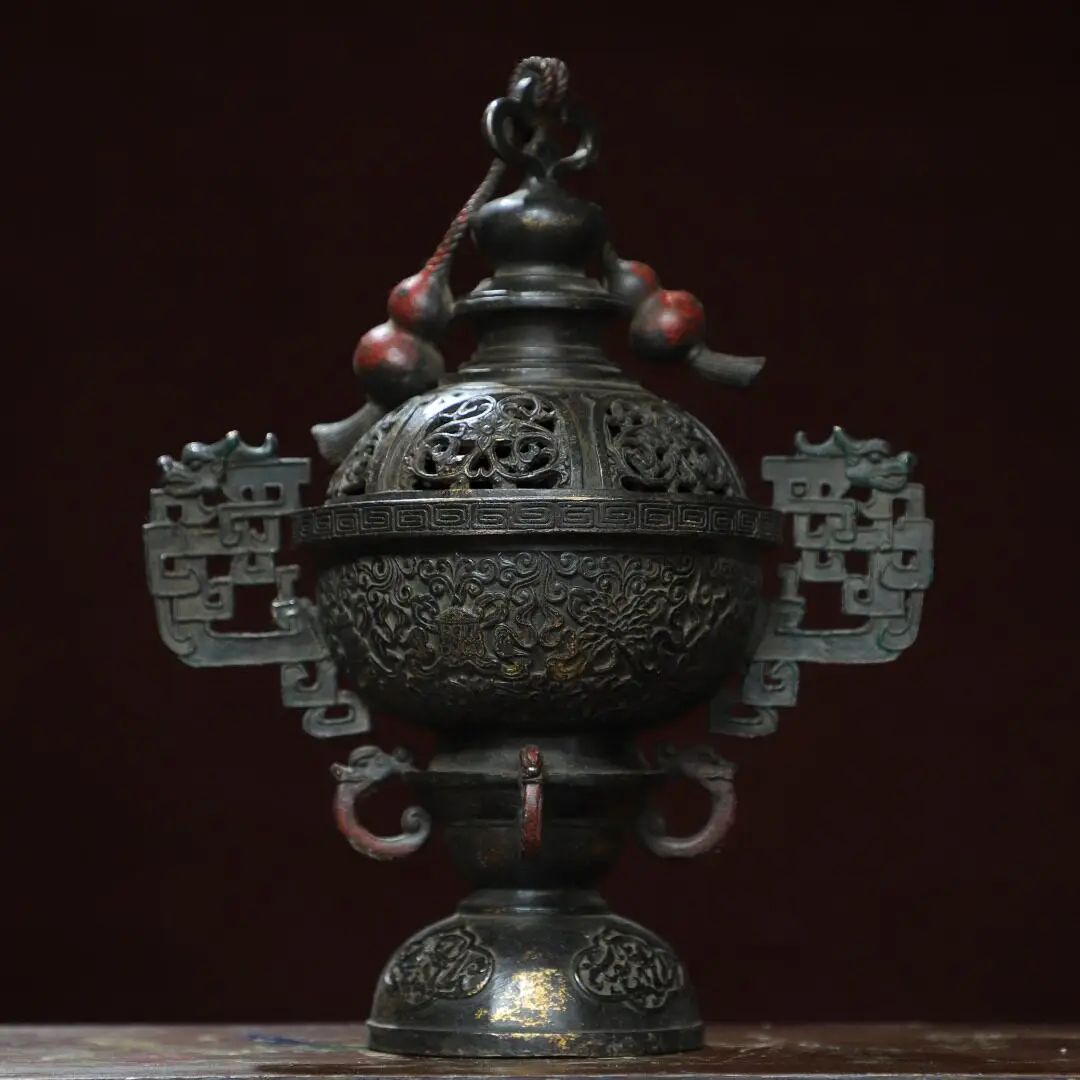 Double Dragon Ear Eight Treasures Gourd Incense Burner Pure Copper Gold Plated Tibetan Style Altar