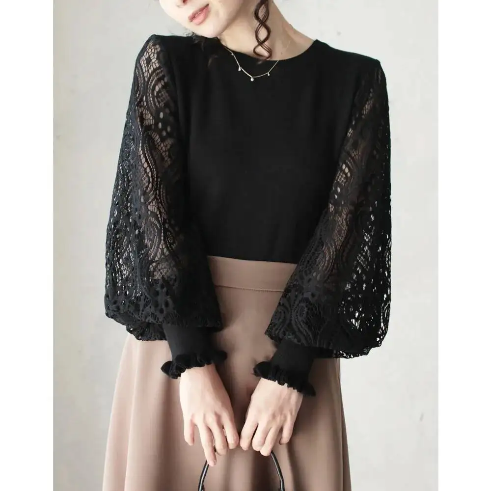 Japan Rakuten New Korean Autumn Winter Women's Black Sheer Floral Embroidered Sleeve Patchwork Knitted Base Shirt