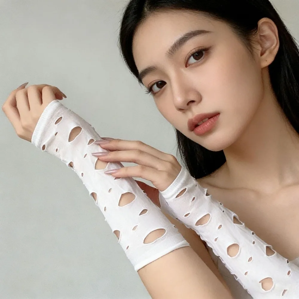 Long Mittens Ripped Arm Warmers Black Hollow Fingerless Gloves Elastic Breathable Hand Sleeves Punk