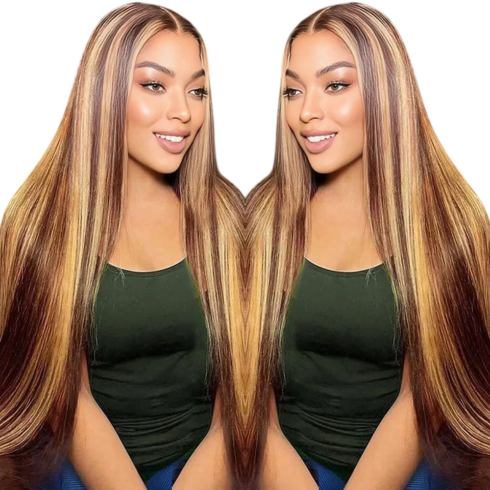 

32inch Ombre Honey Blonde Straight Human Hair Wig P4/27 4x4 Pre Cut Lace Wear And Go Highlight Straight Glueless Wigs Human Hair