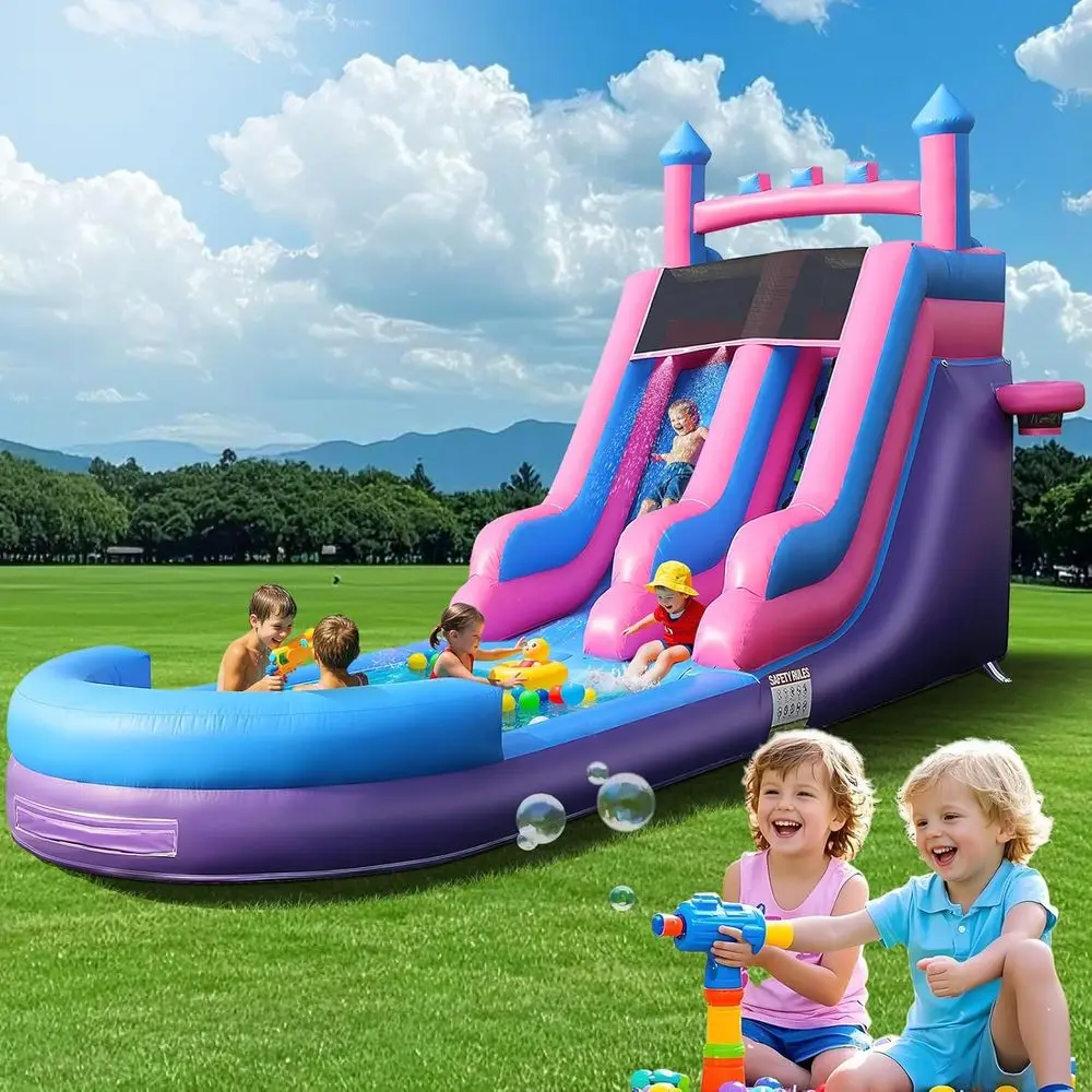 26FT Iatable waterglijbaan voor kinderen, PVC commerciële waterglijbaan met splashpool, 4-in-1 waterglijbaan met klimmen en mand