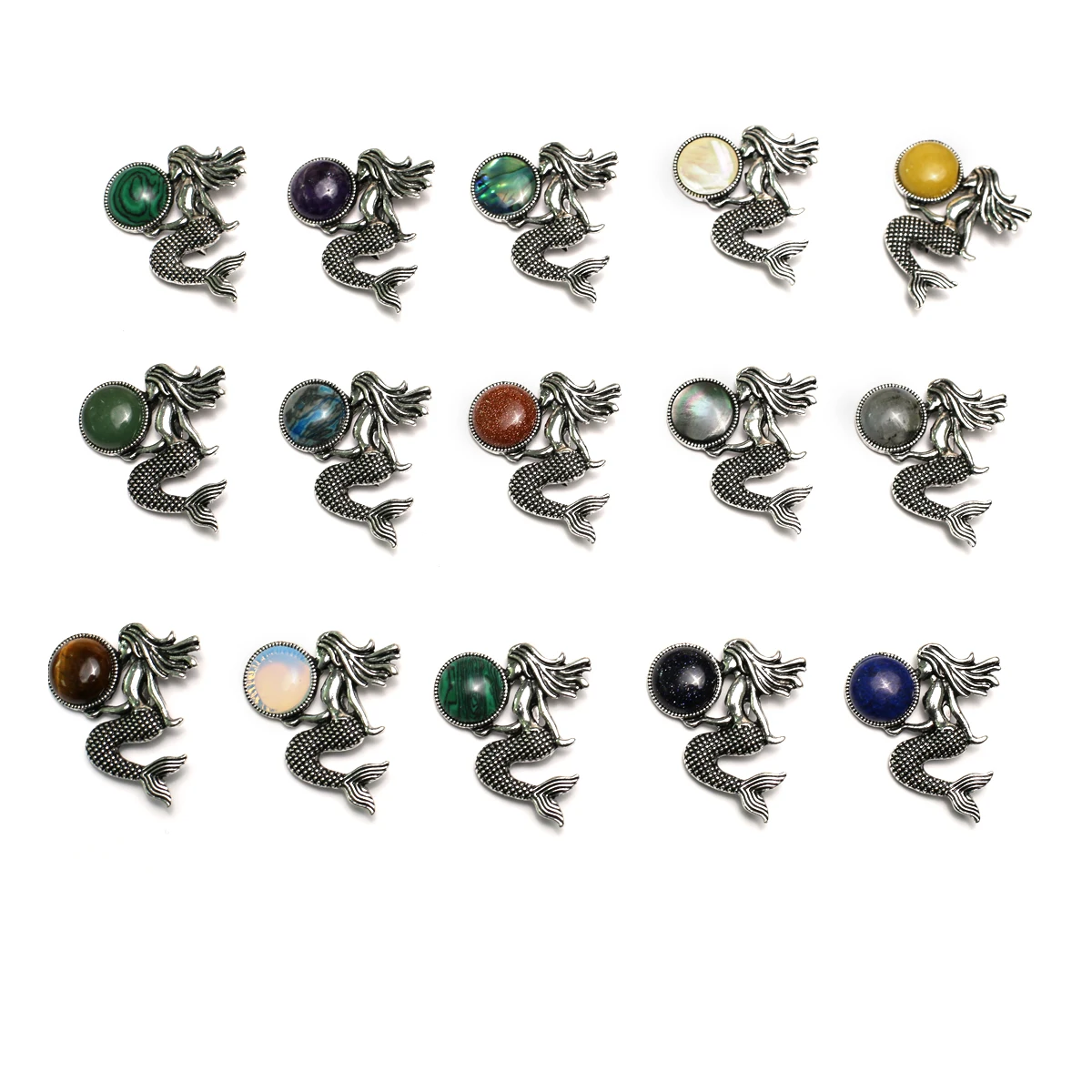 

1pc Natural Semi-Precious Stone Mermaid Brooch Crystal Agate Charms for Women Men Jewelry Accessories Daily Gifts 36x40mm