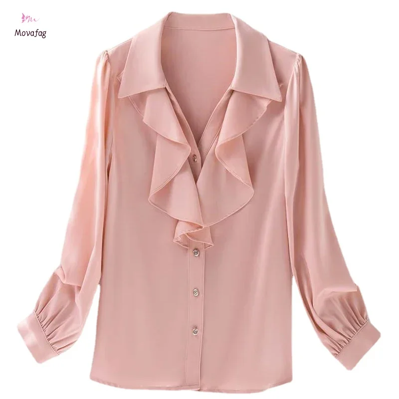 

New in 2024 Chiffon Summer Women's Blouse Casual Fashion Advanced Temperament Tops Solid Color Long Sleeved Shirt