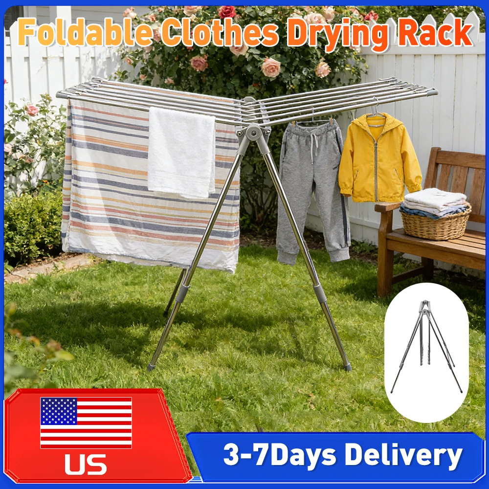 

Stainless Steel Foldable Clothes Drying Rack Height Adjustable Floor Stand Towel Rack for Balcony Outdoor Laundry Shelf Supplies