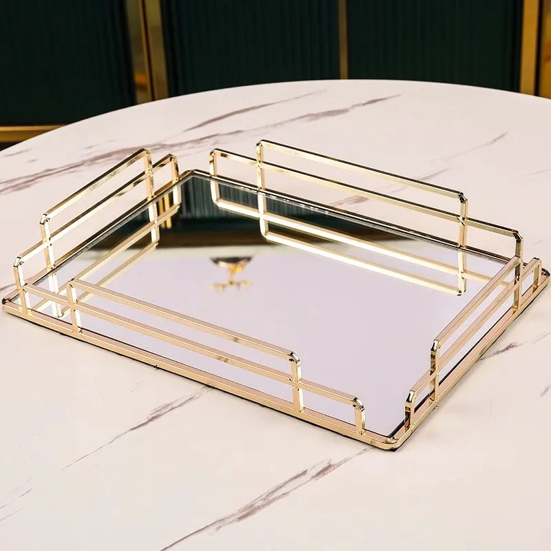 Golden mirror storages tray, iron art rectangular desktop cosmetics shelf, metal electroplated fruit water cup storage trays