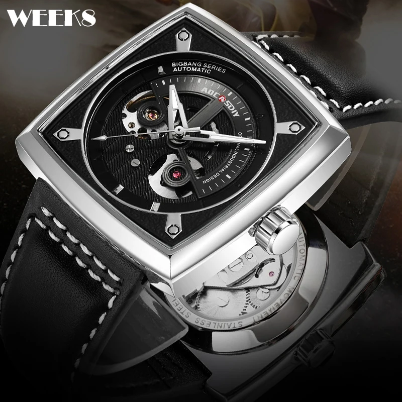 

Square Automatic Mechanical Watch for Men Skeleton Steampunk Dial Man Wristwatch Male 30M Waterproof Luminous Hands Reloj Hombre