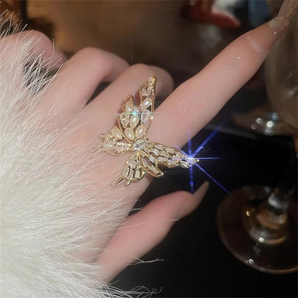 Light Luxury Crystal Butterfly Pearl Open Ring For Women Irregular Zirconia Party Jewelry Trend Matching Accessories Gift