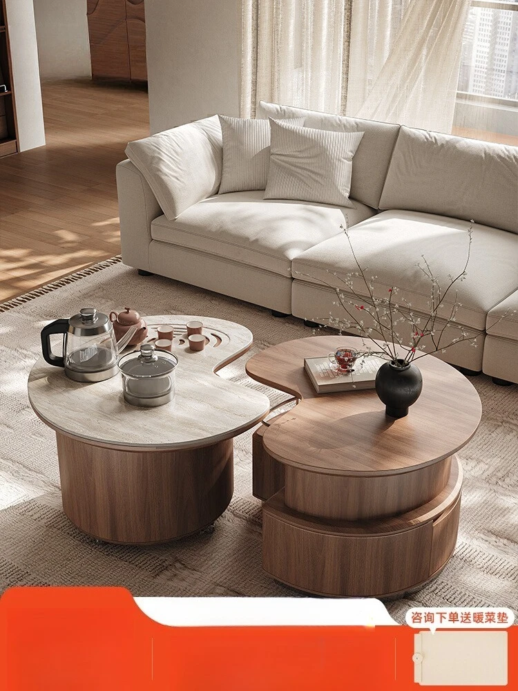 

Round coffee table combination living room household small apartment travertine rock slab multi-functional movable coffee table