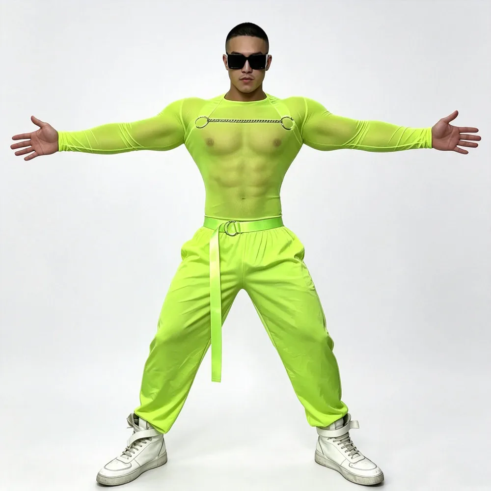 Nightclub Male Singer Fluorescent Green Mesh Tops Pants 2 Piece Dance Performance Outfit Club Party Rave Costume Show Stage Wear