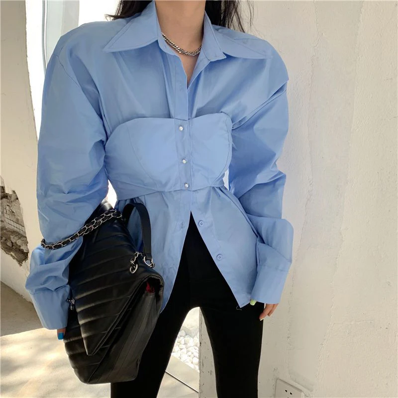 Elegant Patchwork Shirts Women Korean Fake Two Pieces White Blouses Streetwear Office Outfits Fashion Long Sleeve Chic Tops New