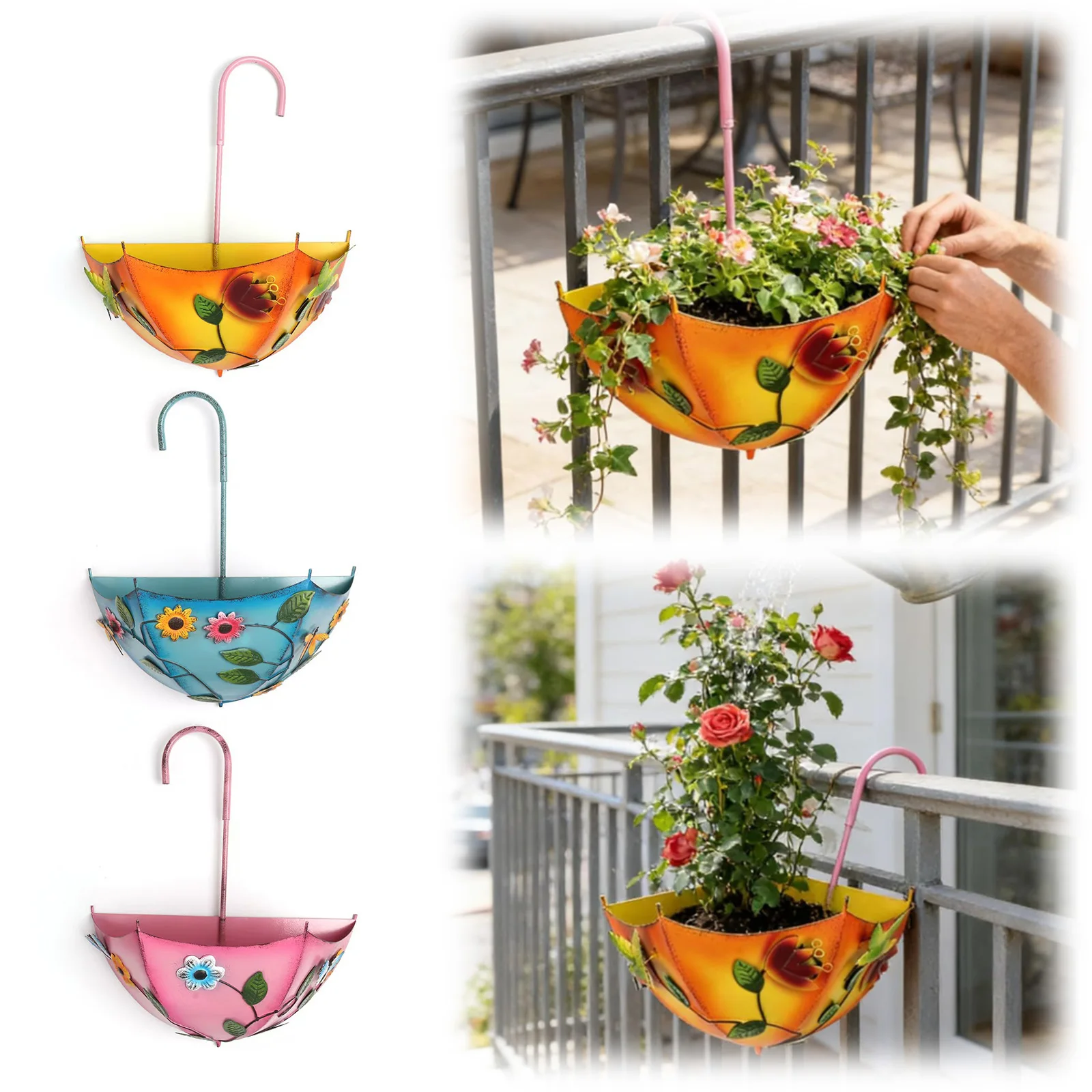 

Metal Farmhouse Umbrella Shaped Wall Hanging Planter No-Drill with Drainage Holes for Flowers Indoors Outdoors Home Windows Use
