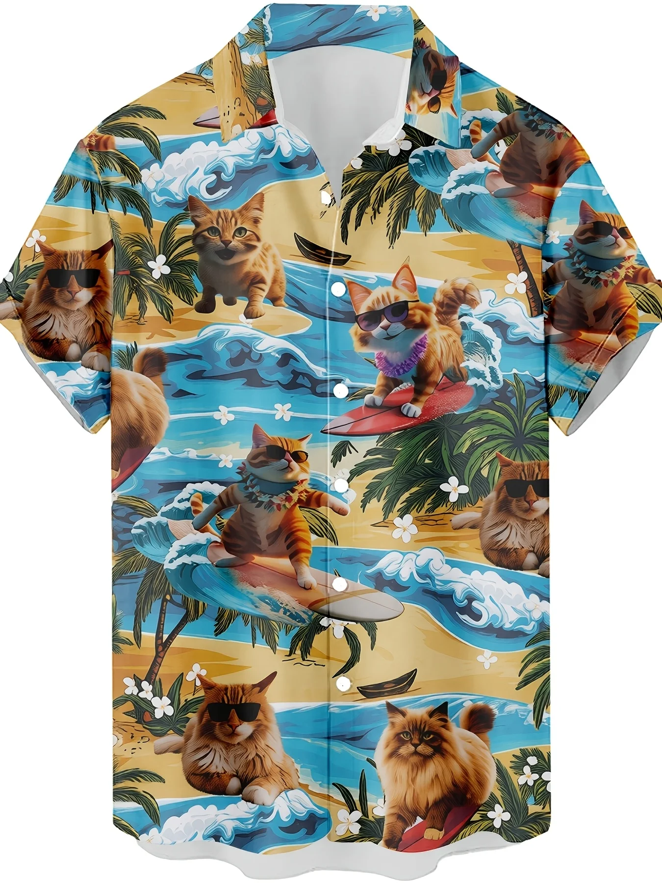 Camisa Hawaiana de Verano para Hombre con Estampado de Gato Surfista y Palmeras, Manga Corta, Cuello Solapa, Botones, Estilo Casual para Vacaciones y Fiestas, Top Aloha