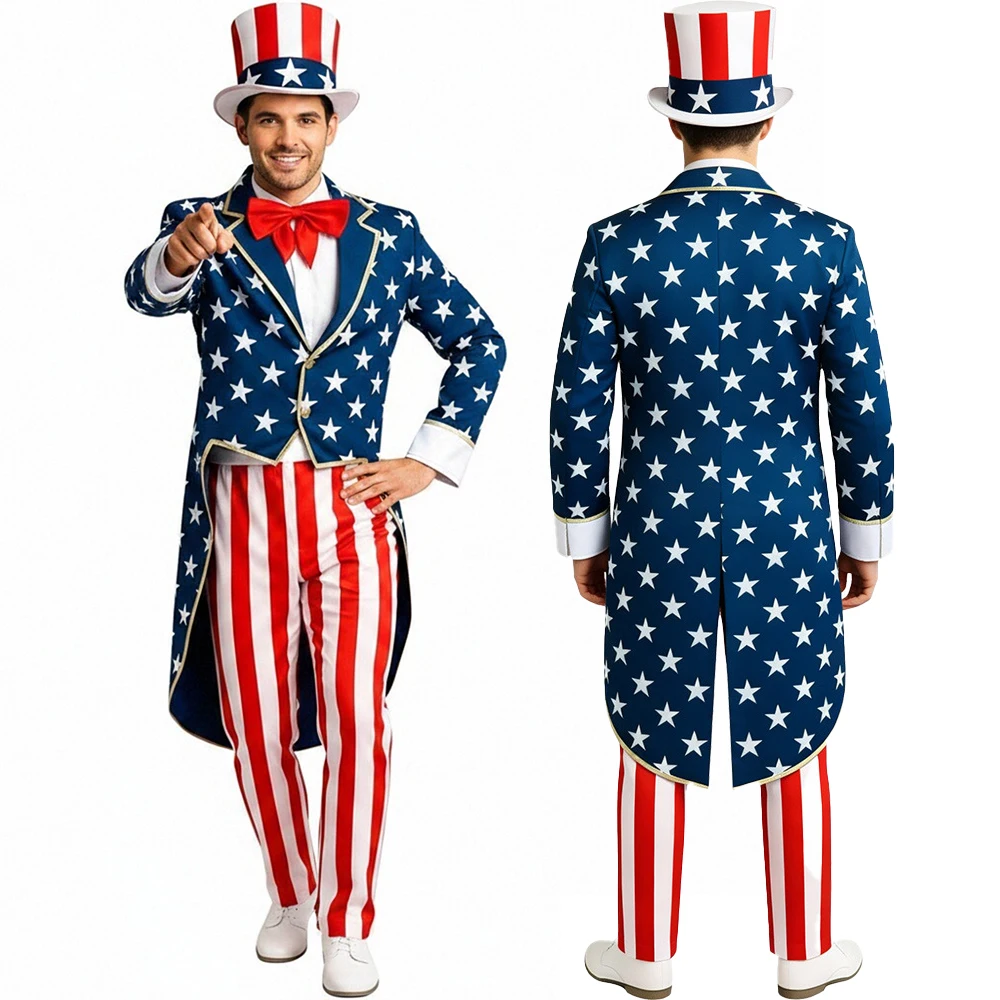 

Men's Independence Day Costume American Flag-Themed Tuxedo Top Hat Patriotic Star-Spangled Party Formal Wear Halloween Costume