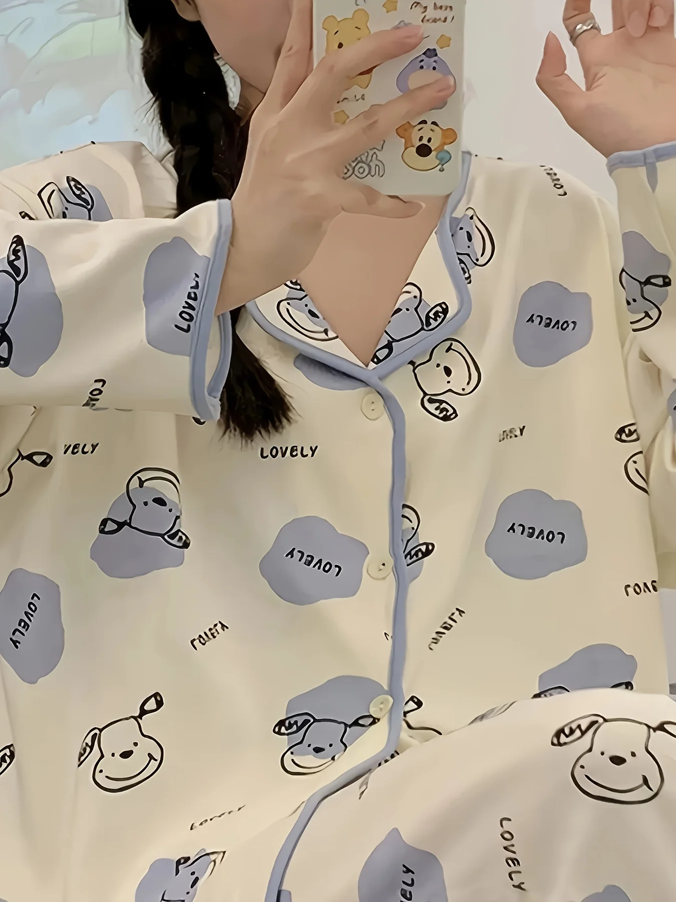 

Женский пижамный комплект на осень и зиму — стиль кардигана, принт щенка, цветные блоки, милые надписи «LOVELY», мягкие и очаровательные Loun