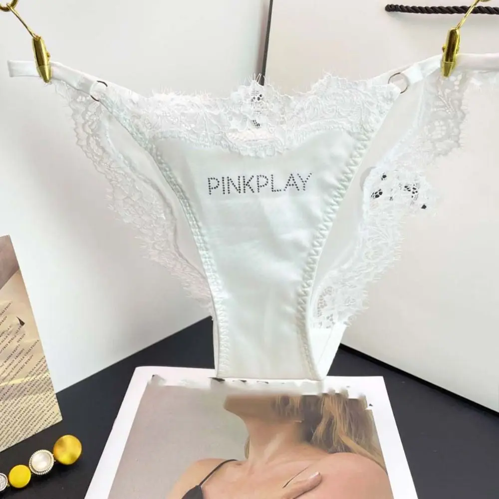 Crystal Letter Satin Silk Panties Mid Waist Underwear Rhinestone Lace Briefs Cotton Crotch Thin Belt Underpants for Women Daily